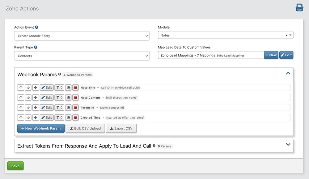 Run actions from Trackdrive to create entries, update entries, convert leads, and create/update entries.